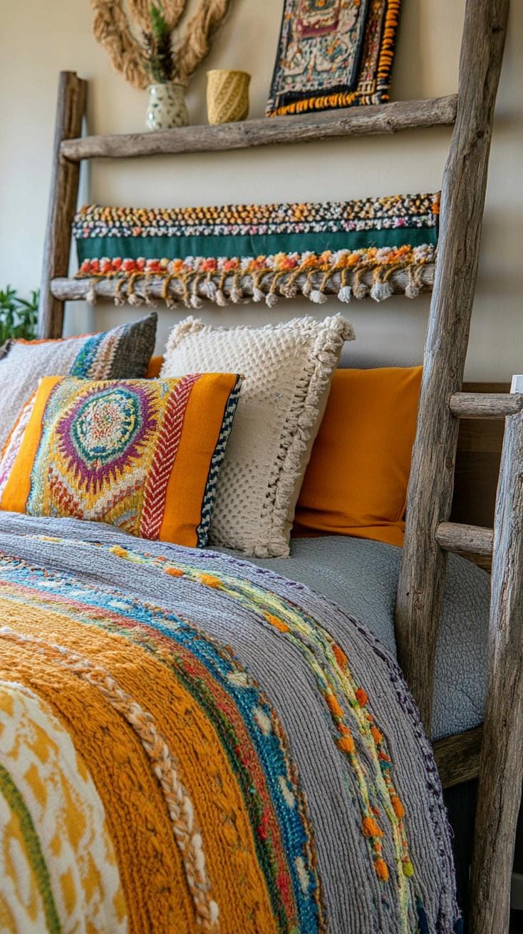 20 beautiful Boho bedroom for teenagers: ideas for 2025 37 12. Rustic ladder display: Use a wooden ladder to display colorful blankets or woven litters, and give room 2 dimension