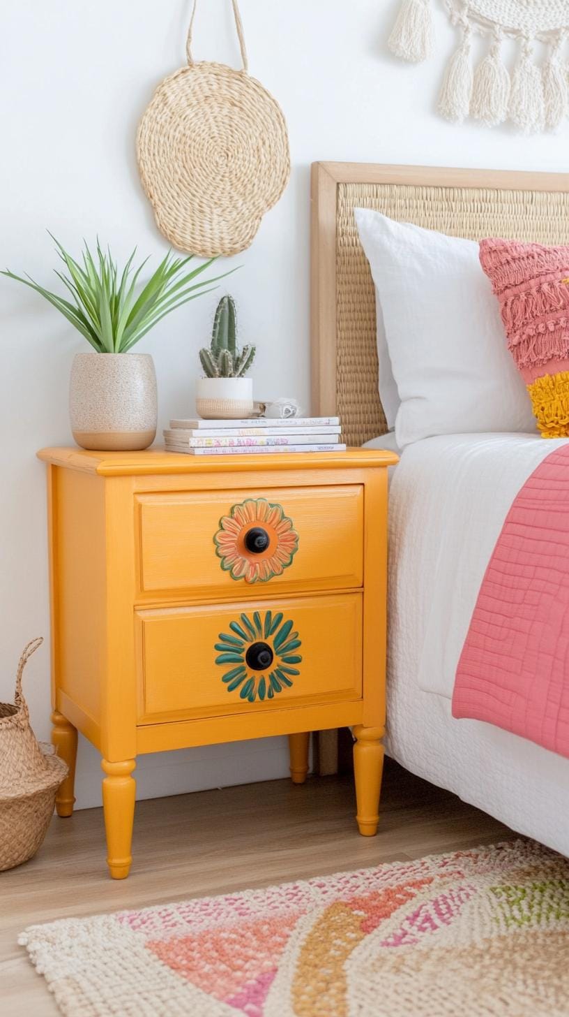 20 beautiful boho bedroom for teenagers: ideas for 2025 50 16. Artistic bedside tables: set up uniform local or DIY-coated bedside tables for artistic individuality-2