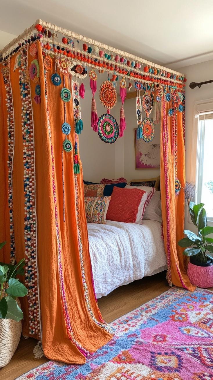 20 beautiful Boho bedroom for teenagers: ideas for 2025 59 19. Colorful pearl curtains: Use pearl or tassel curtains for cupboard doors to improve the boho look with Laune-2