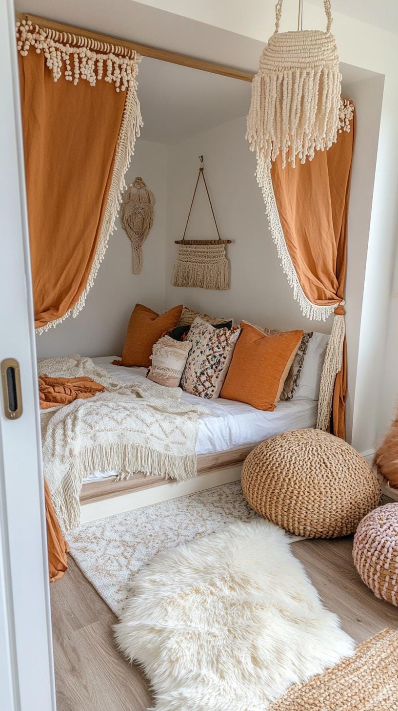 20 beautiful boho bedroom for teenagers: ideas for 2025 58 19. Colorful pearl curtains: Use pearl or tassel curtains for cupboard doors to improve the boho look with Laune-1