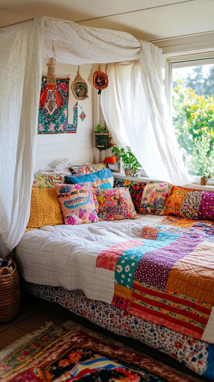 20 beautiful Boho bedroom for teenagers: ideas for 2025 62 20. Patchwork decorative elements: Integrate elements such as patchwork quilts or furniture with patchwork pads