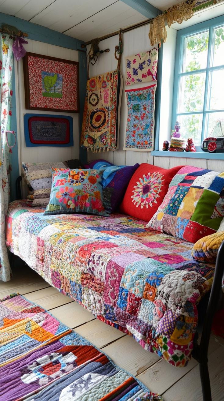 20 beautiful Boho bedroom for teenagers: ideas for 2025 61 20. Patchwork decorative elements: Integrate elements such as patchwork quilts or furniture with patchwork pads