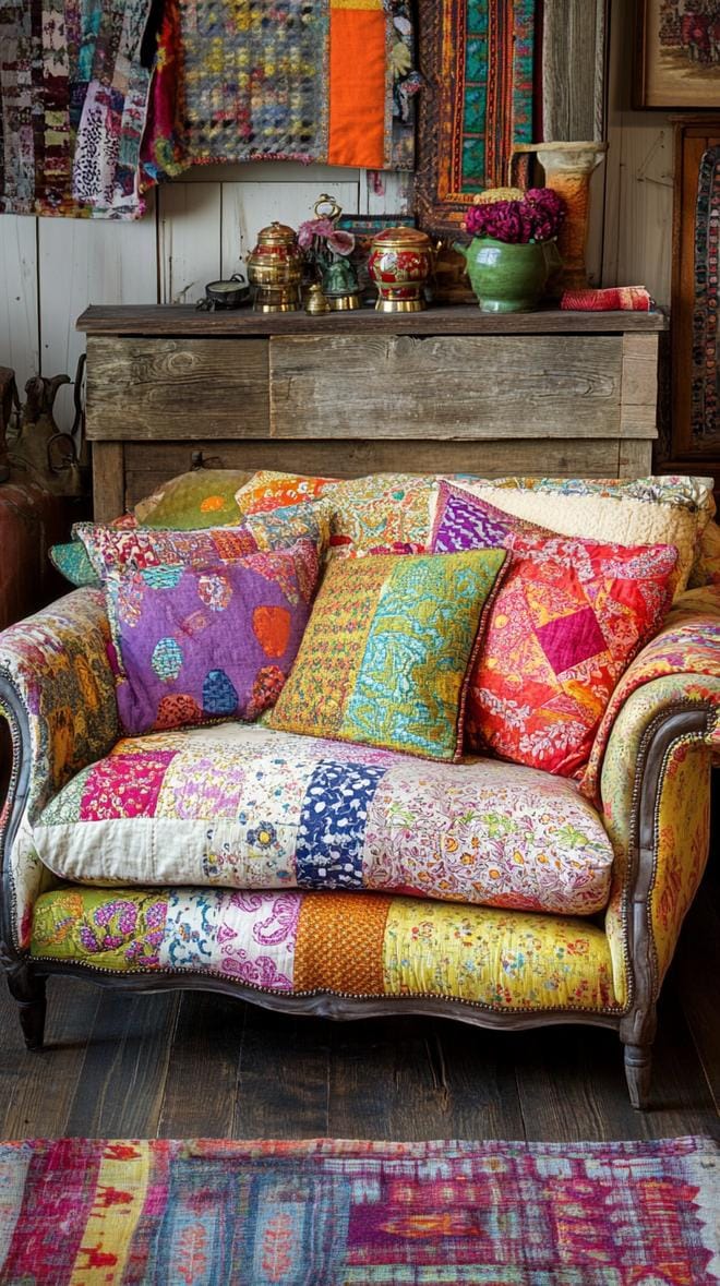 20 beautiful Boho bedroom for teenagers: ideas for 2025 63 20. Patchwork decorative elements: Integrate elements such as patchwork quilts or furniture with patchwork pads