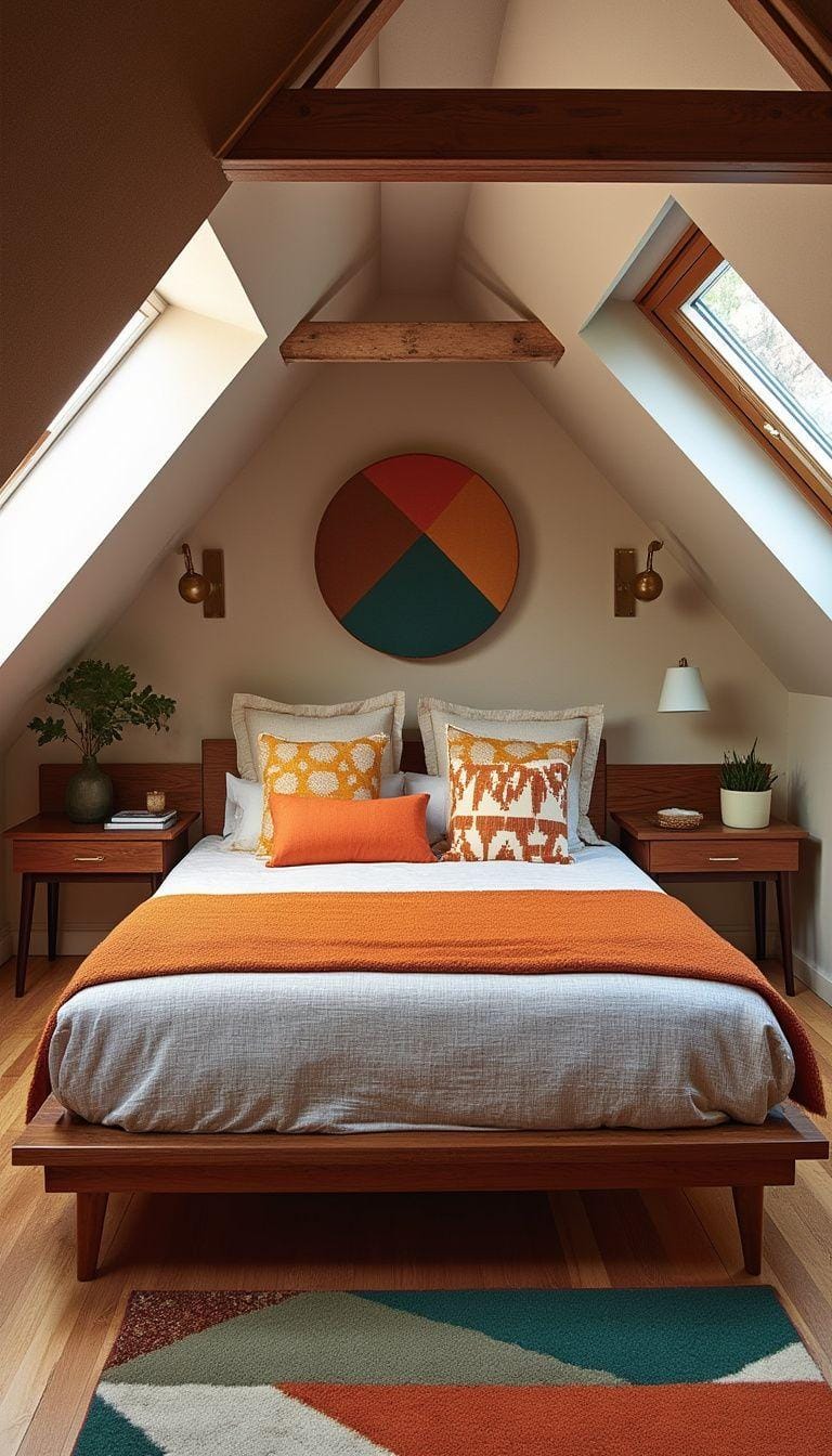 21 sweet attic bedroom ideas that you will love 22 6. You can reach the modern mood of the middle of the century with walnut facilities, geometric patterns and burned orange accents 3