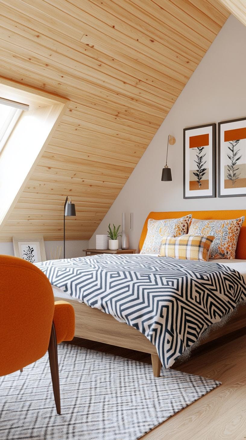 21 sweet attic bedroom ideas that you will love 20 6. You can reach the modern mood of the middle of the century with walnut facilities, geometric patterns and burned orange accents-1