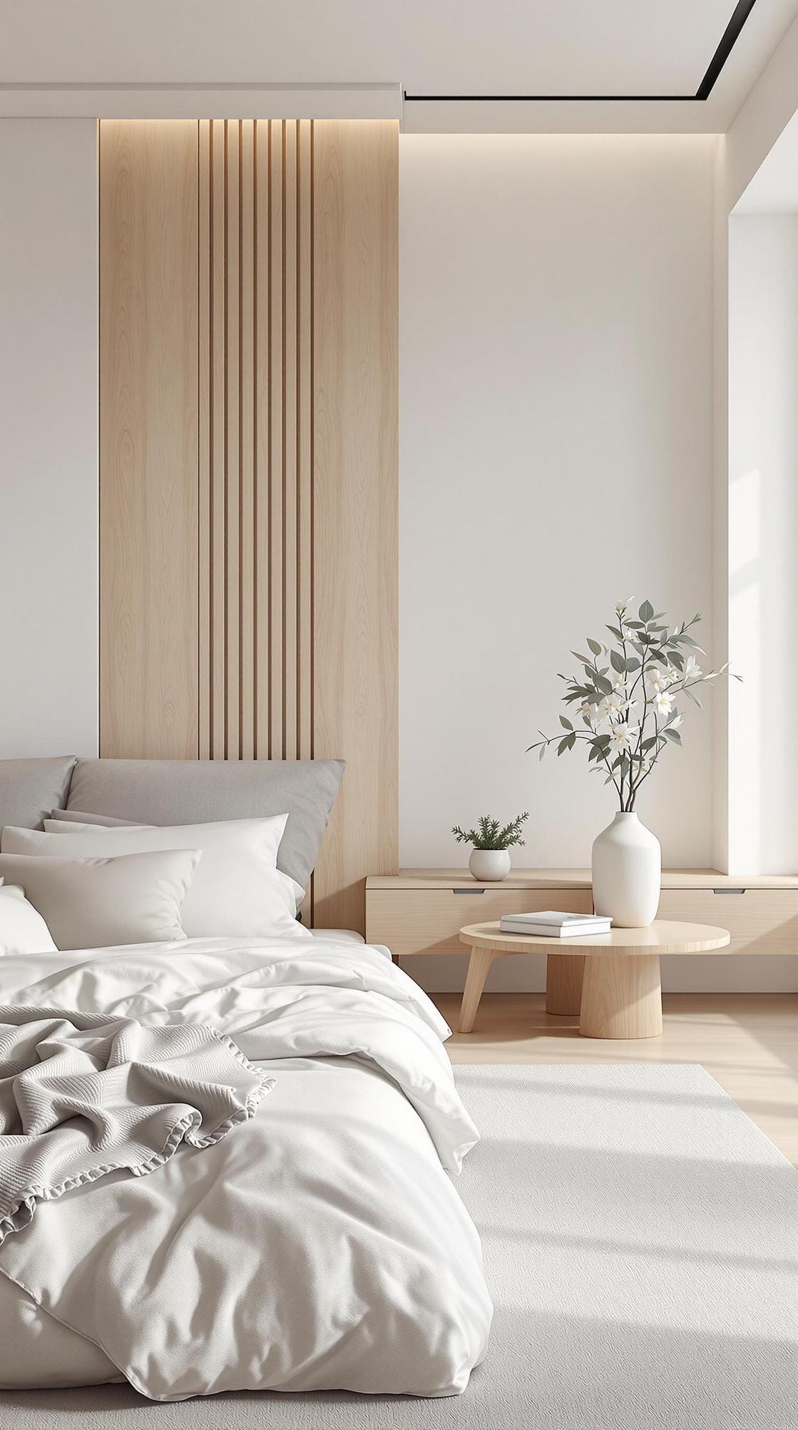 20 new minimalist bedroom ideas to inspire your 2025 refreshment 4 1. Monochrome Zen: Use white tones and light gray with natural wooden elements for a quiet ambience-1