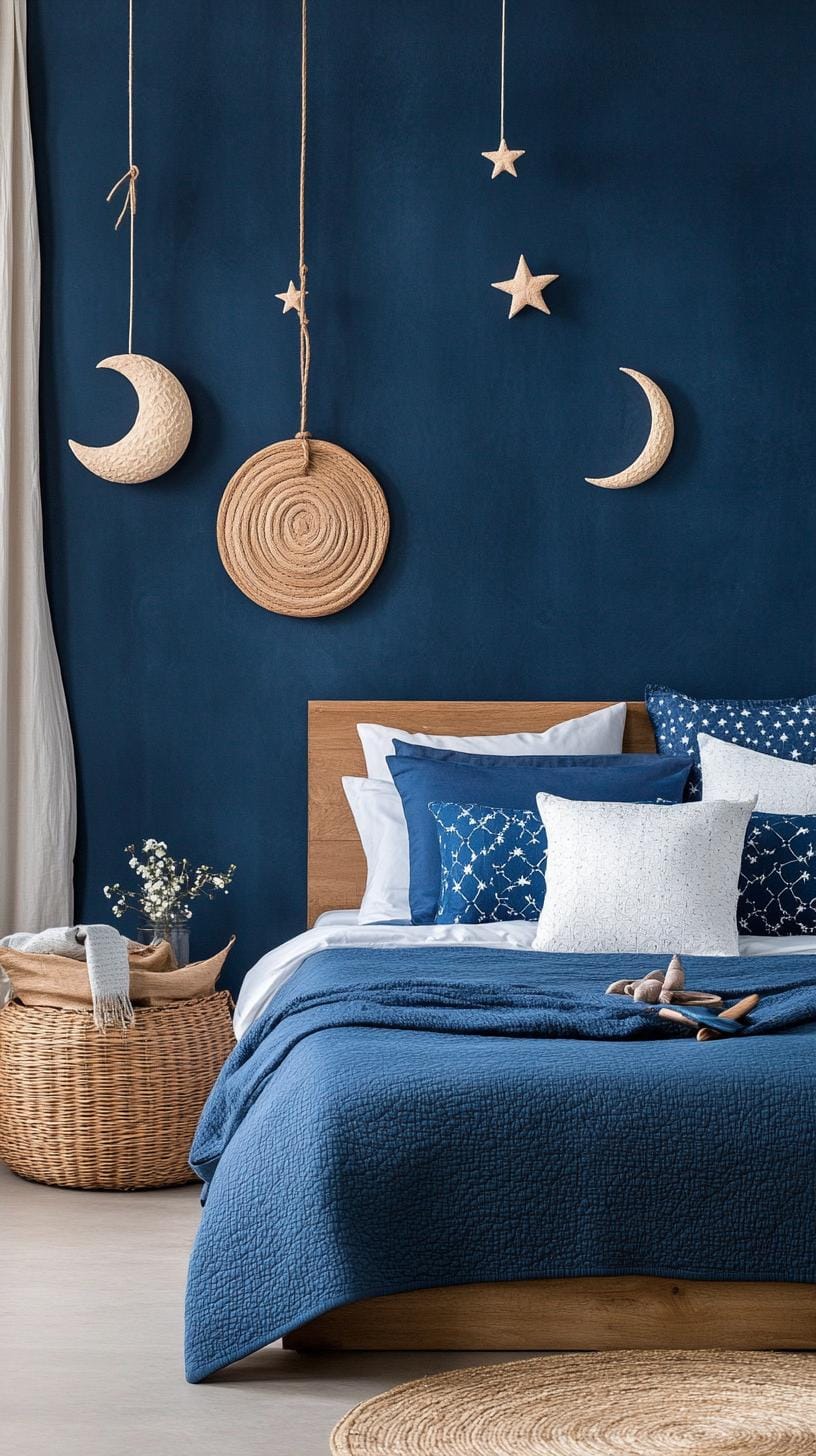 21 Best Blue Boho bedroom ideas to inspire you 15 4 .. Heavenly sanctuary: combine midnight blues with star pattern textiles and moon-phase-decorative elements 1