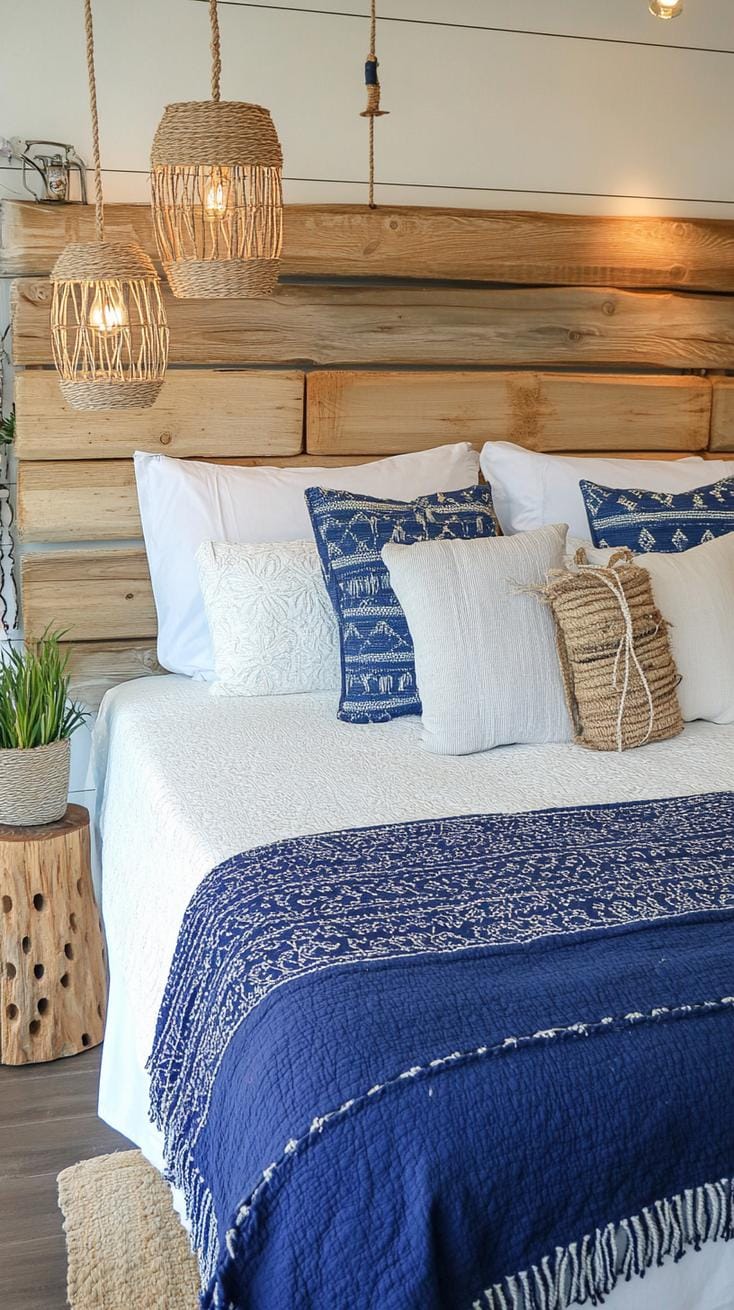 21 Best Blue Boho bedroom ideas to inspire you 12 3. Ocean escape: Seamlessly sea glass blues with furniture inspired by Driftwood and add hanging lantern-1
