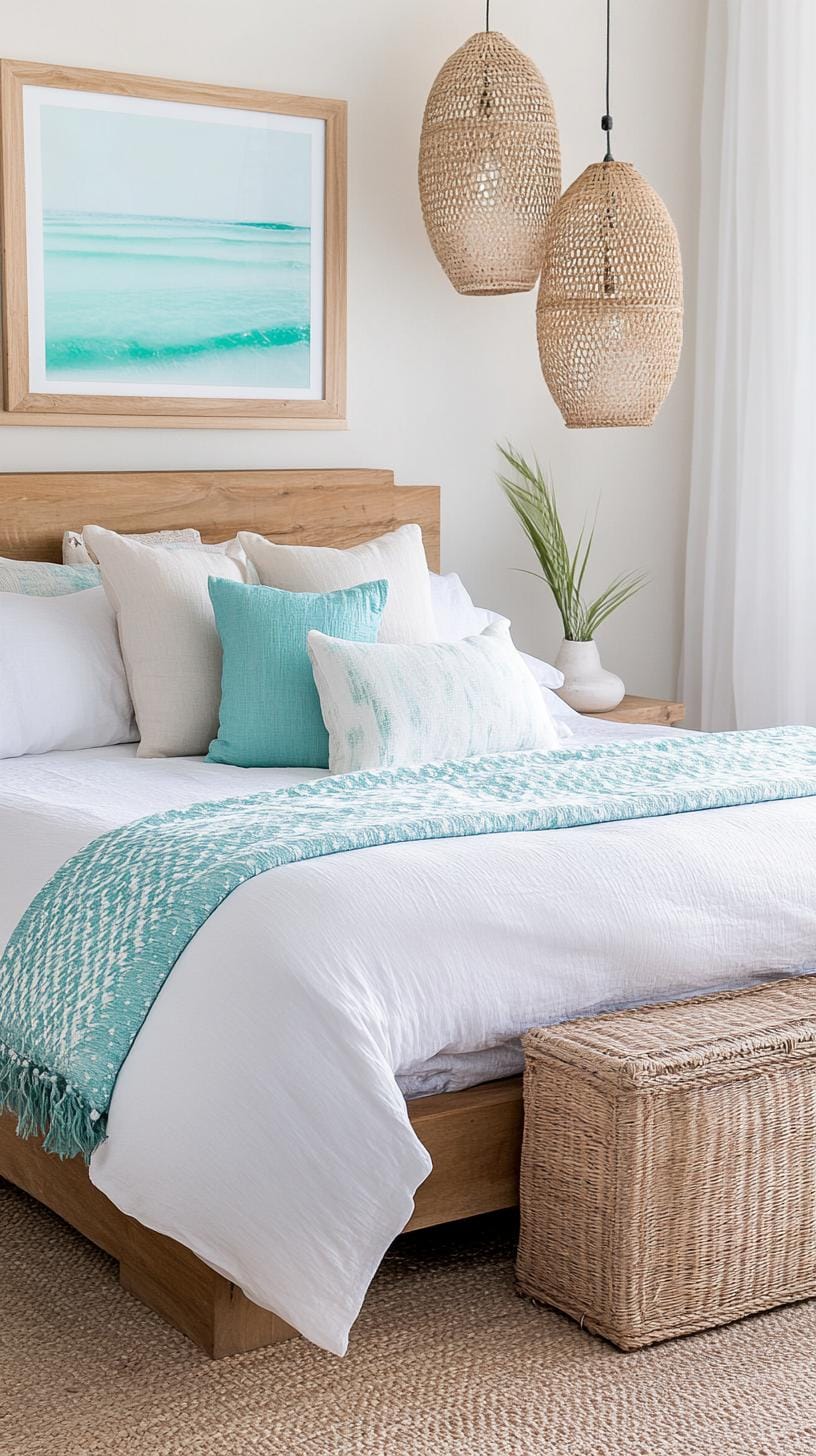 21 Best Blue Boho bedroom ideas to inspire you 13 3. Ocean escape: Seamlessly sea glass blues with furniture inspired by Driftwood and include hanging lantern-2