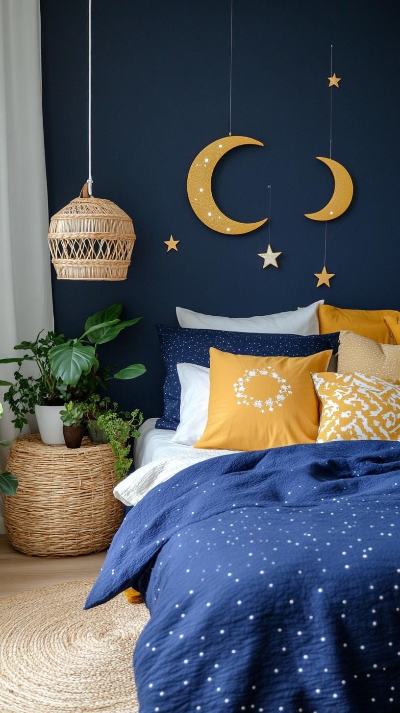21 Best Blue Boho bedroom ideas to inspire yourself 16 4 .. Heavenly sanctuary: combine midnight blues with star pattern textiles and moon-phase-decorative elements-2