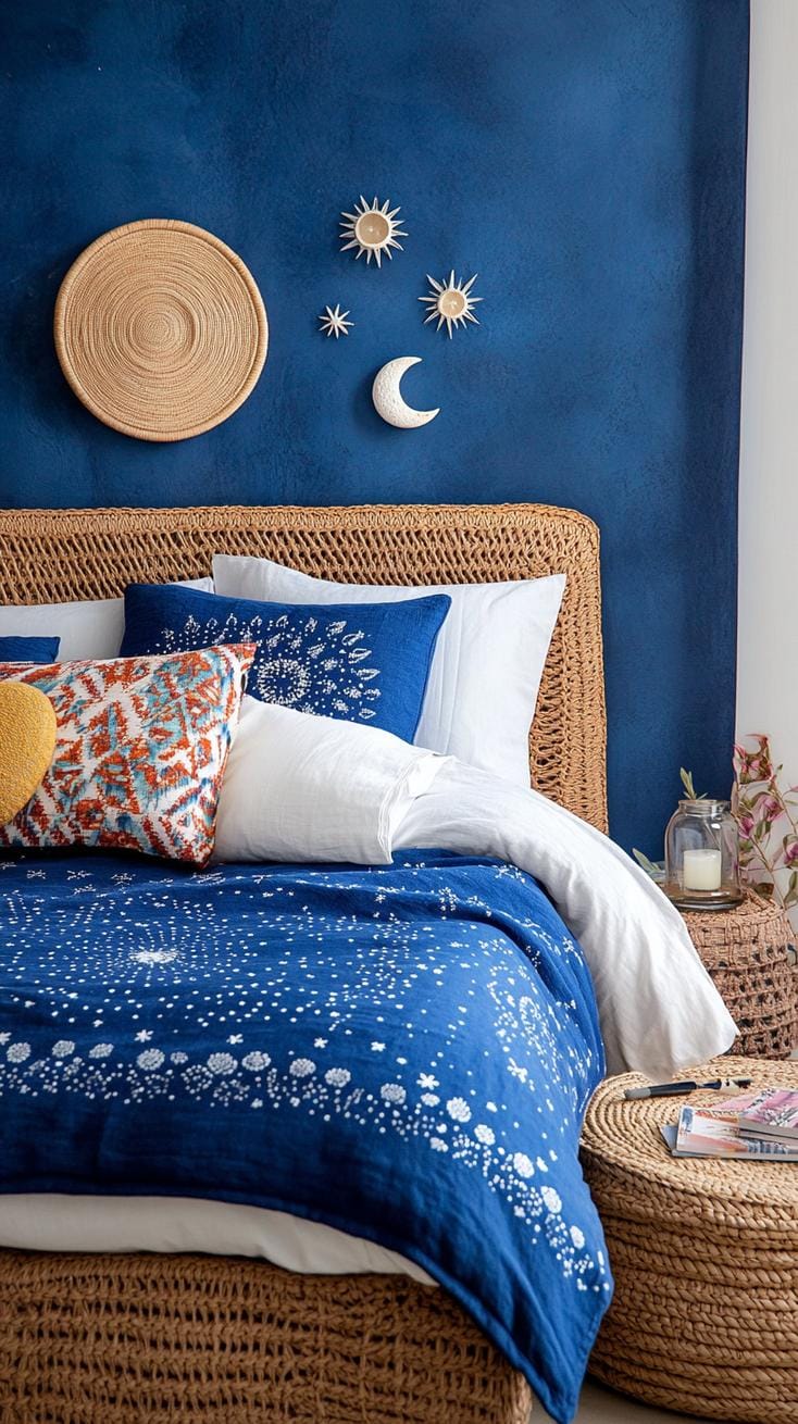 21 Best Blue Boho bedroom ideas to inspire you 17 4 .. Heavenly sanctuary: Combine Midnight Blues with star pattern textiles and moon-phase-decorative elements 3