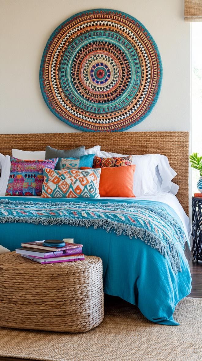 21 Best Blue Boho bedroom ideas to inspire you 28 8. Azure Artistry: Blaupauer Azure room with a dark bamboo floor and an overgrown braided wall carpet-1