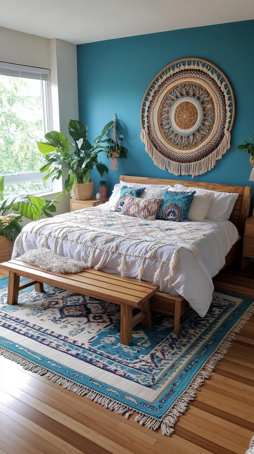 21 Best Blue Boho bedroom ideas to inspire you 29 8. Azure Artistry: blueprint an azure room with a dark bamboo floor and an oversized braided wall carpet-2
