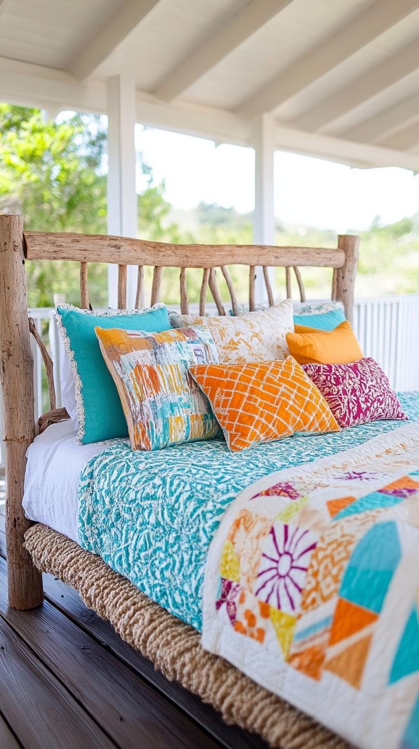 21 Best Blue Boho bedroom ideas to inspire them 47 14. Caribbean calm: emulate tropical blues with driftwood inspired head parts and patchwork quilt-bed linen-2