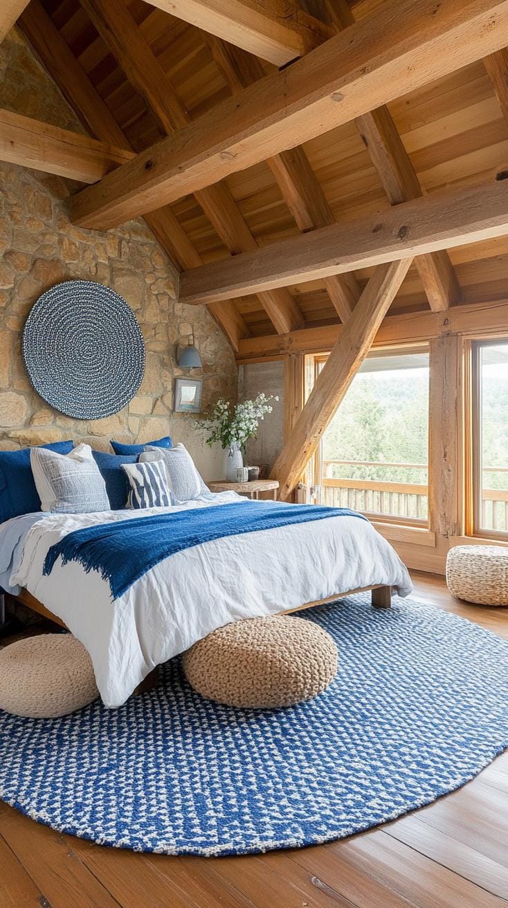 21 Best Blue Boho bedroom ideas to inspire you 59 18. Boho Mosaic: Use a craft mix of patterned blue tiles and cross fabric with wooden beam-1