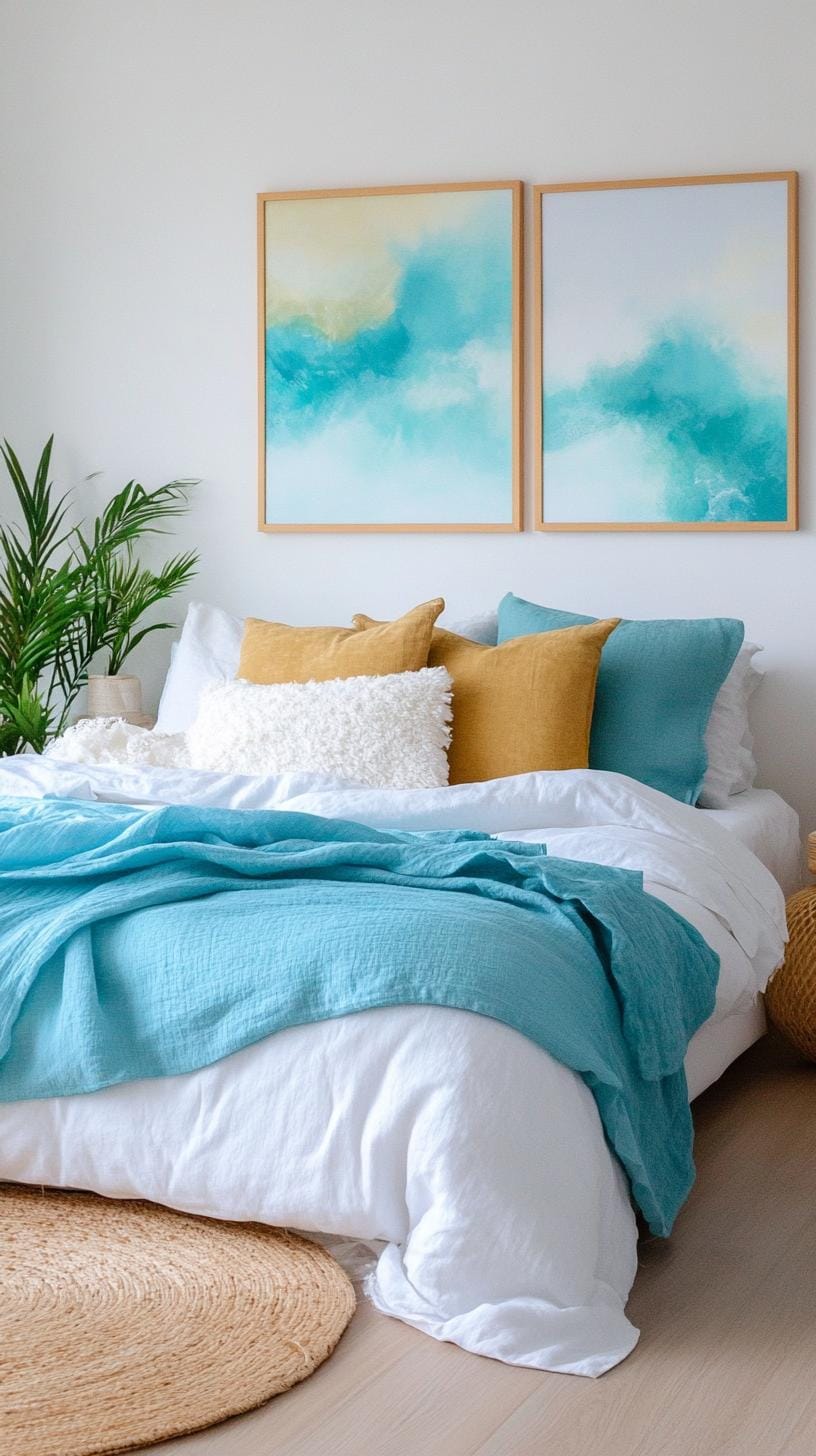 21 Best Blue Boho bedroom ideas to inspire yourself 57 17. Aquamarine abstract: Integrate abstract works of art with aquamarine touch through a minimalist design style-2