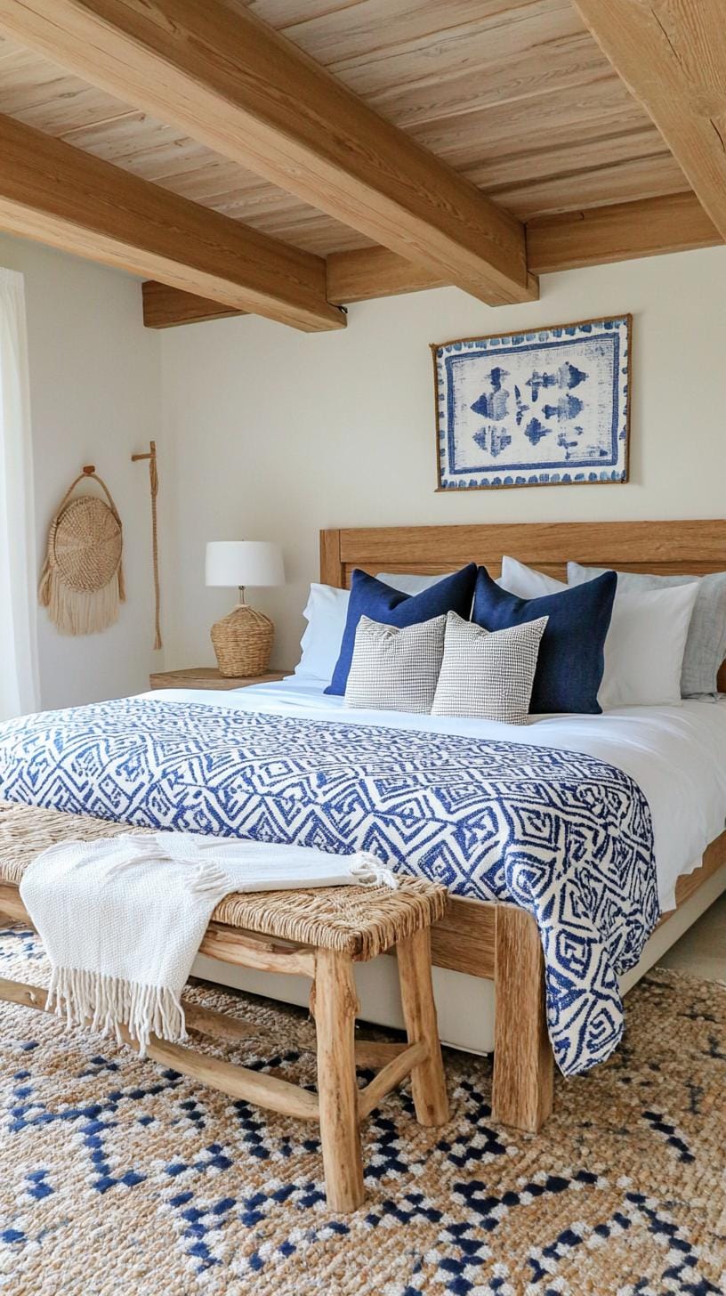 21 Best Blue Boho bedroom ideas to inspire them 60 18. Boho Mosaic: Use a craft mix of patterned blue tiles and cross fabric with wooden beam-2