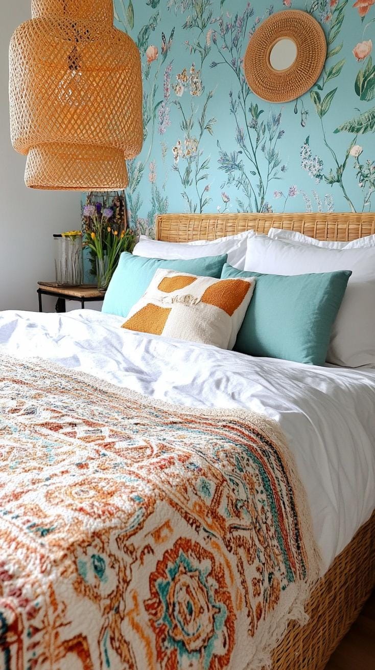 21 Best Blue Boho bedroom ideas to inspire you 69 21. Blue Haze Harmony: Build a reflective haze with a steamed blue background paper and rich wall carpet.
