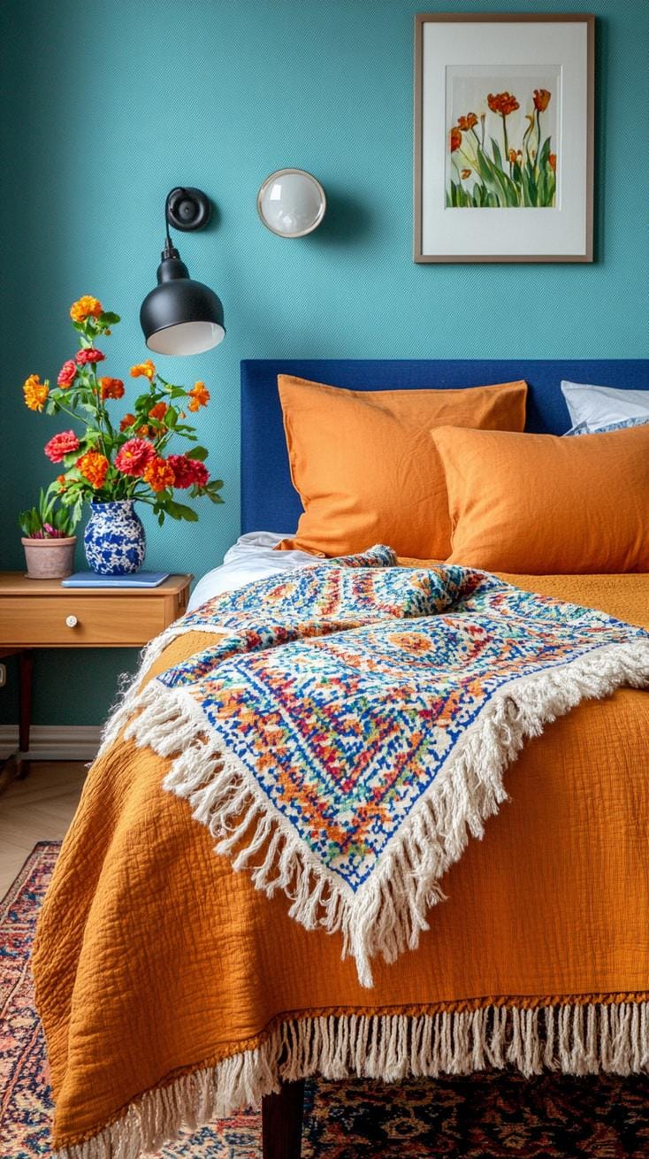 21 Best Blue Boho bedroom ideas to inspire you 70 21. Blue Haze Harmony: Build a reflective haze with a steamed blue background paper and rich wall carpet.
