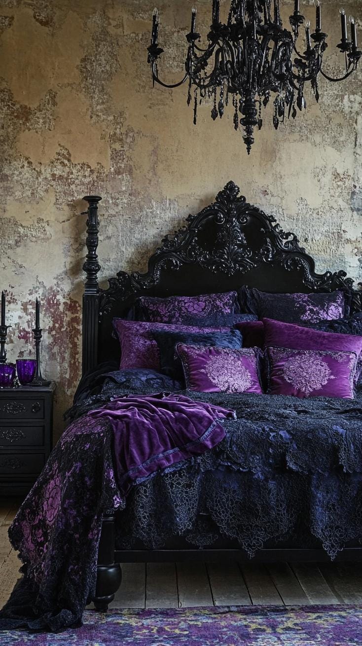 19 Best Gothic Boho bedroom ideas for a dreamy sanctuary 12 3 .. Desized black bed frame with plush-colored fabrics and pillows with complicated top accents 3.