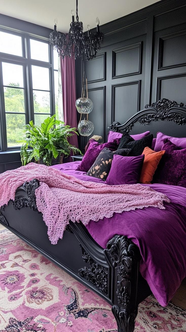 19 Best Gothic Boho bedroom ideas for a dreamy sanctuary 11 11 3 .. Desized black bed frame with plush-colored, jewel-colored fabrics and pillows with complicated top accents-2