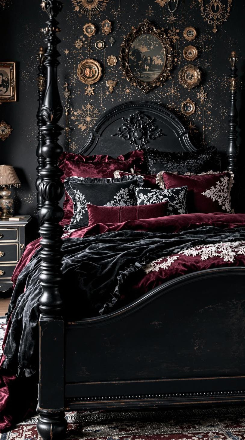 19 Best Gothic Boho bedroom ideas for a dreamy sanctuary 10. 10. 3 .. Desized black bed frame with plush-colored, jewel-colored fabrics and pillows with complicated top accents-1
