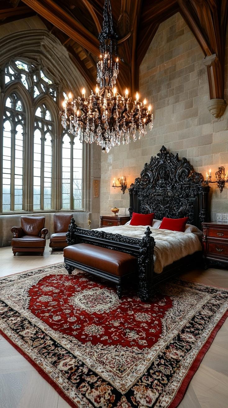 19 Best Gothic Boho bedroom ideas for a dreamy sanctuary 17 17 5. Crystal chandelier above them illuminates a dark wood and wrought iron bed, with plush Persian carpets under the feet-1