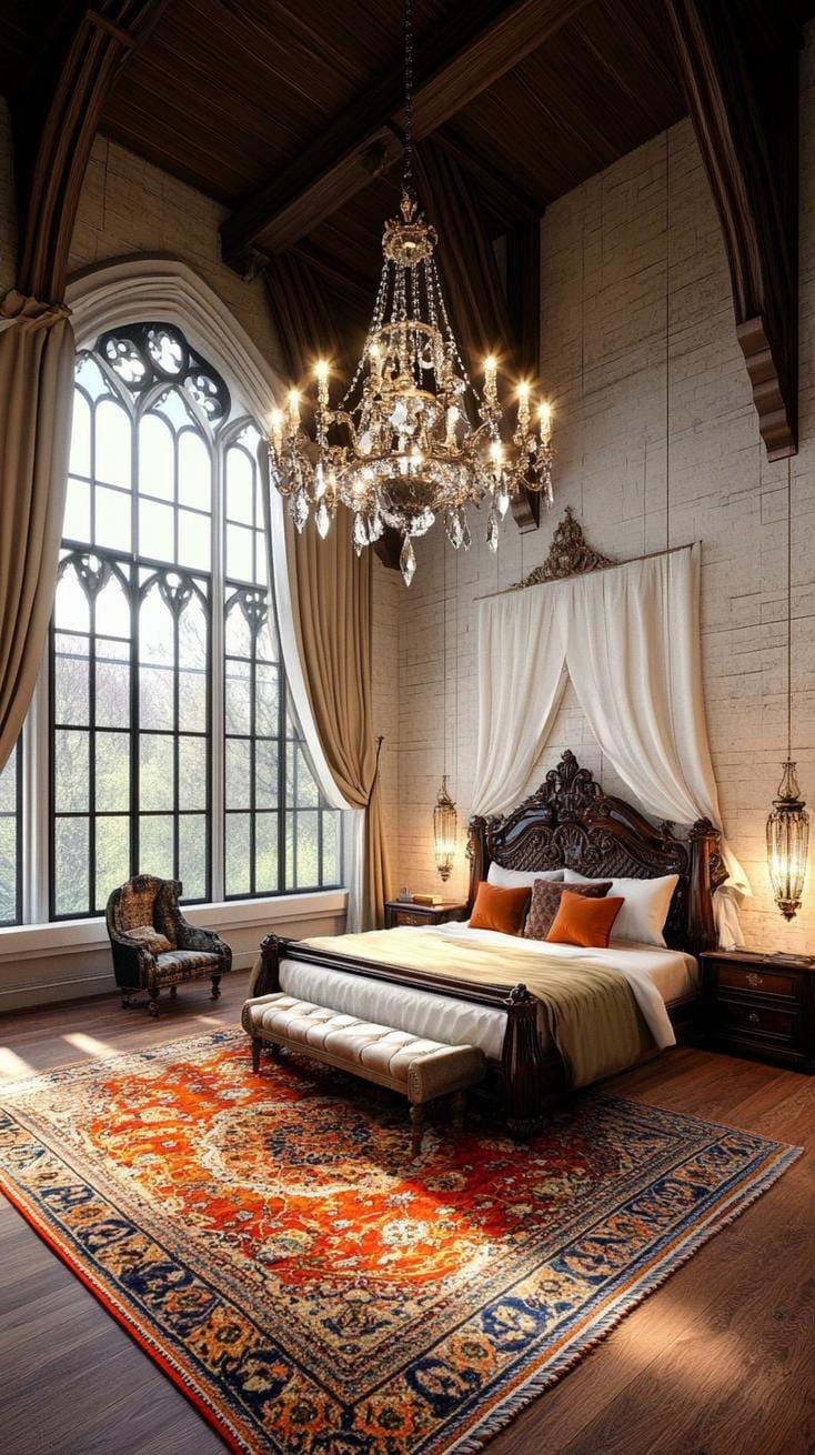 19 Best Gothic Boho bedroom ideas for a dreamy sanctuary 18 18 5. Crystal chandelier overhead illuminates a dark wood and wrought iron bed, with plush Persian carpets under the feet-2