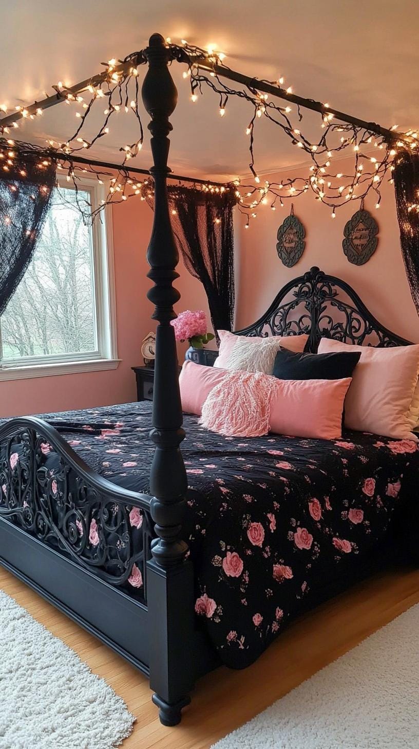 19 Best Gothic Boho bedroom ideas for a dreamy sanctuary 36 36 11. A black wrought with sparkling string lights and a dramatic, dark, floral printed bed tip-2