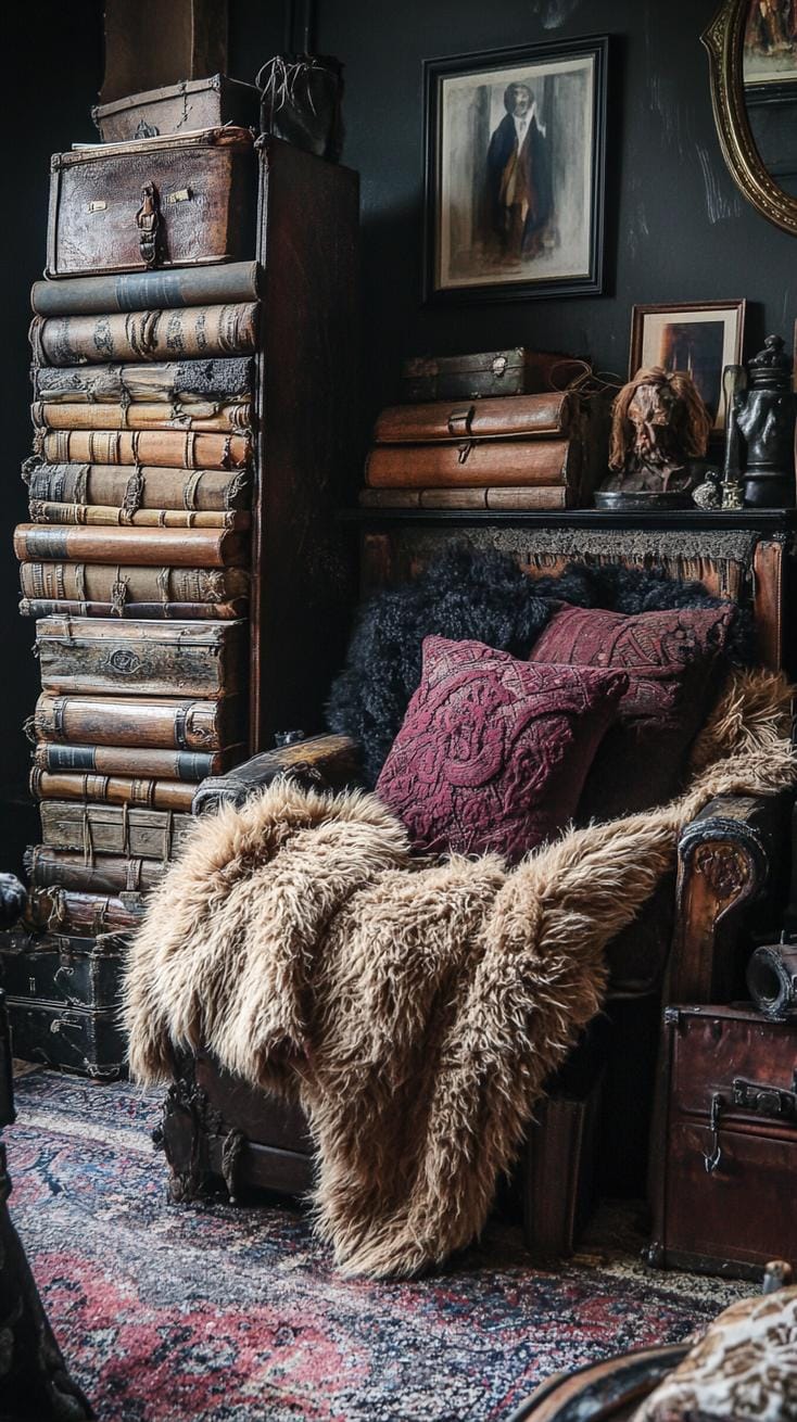 19 Best Gothic Boho bedroom ideas for a dreamy sanctuary 33 33 10. An oversized woven rattan chair with plush-faux fur throws and a nearby stack of old leather books 1