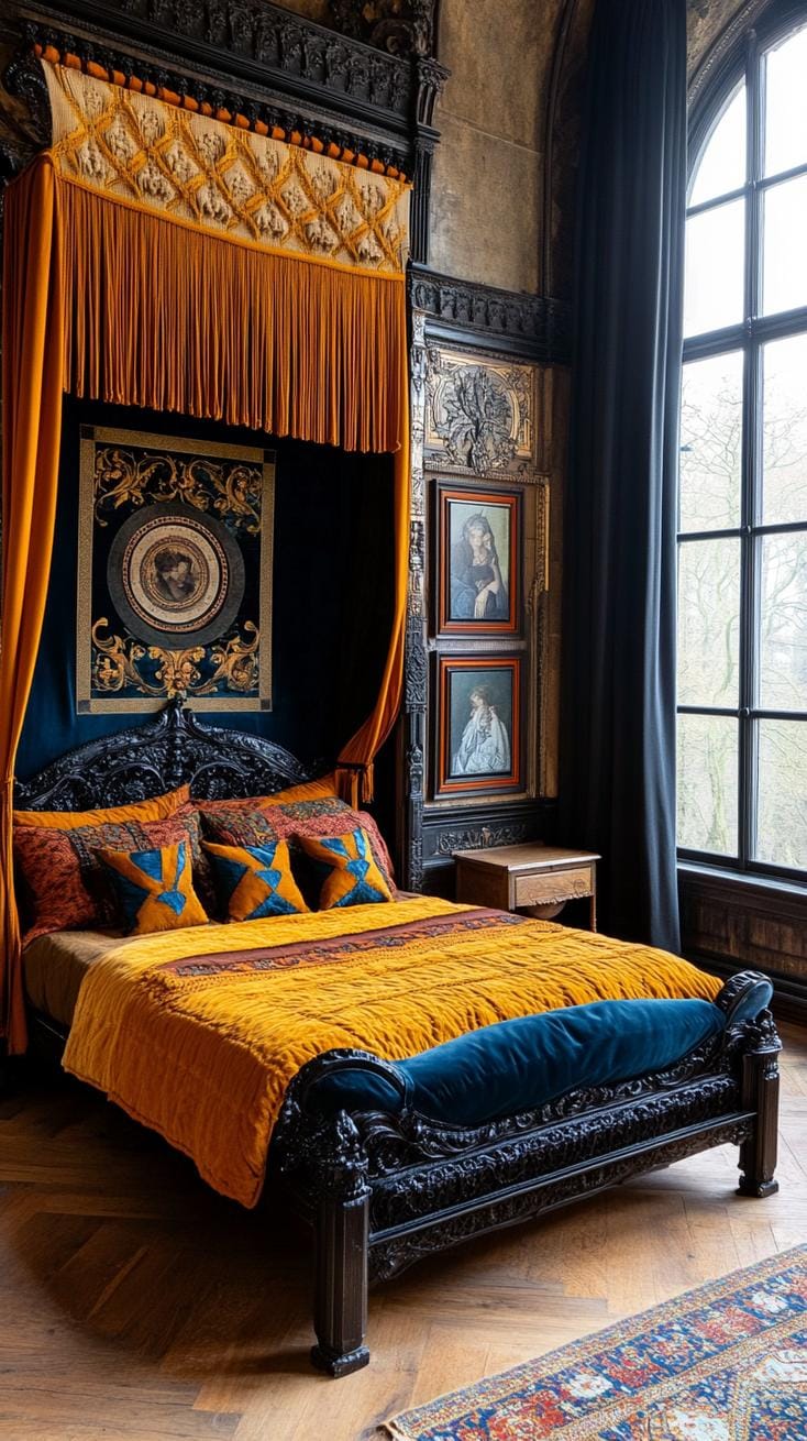 19 Best Gothic Boho bedroom ideas for a dreamy sanctuary 38 38 12. Macramé wall hangings with decorated Gothic picture frames with art of alphonse Mucha-1
