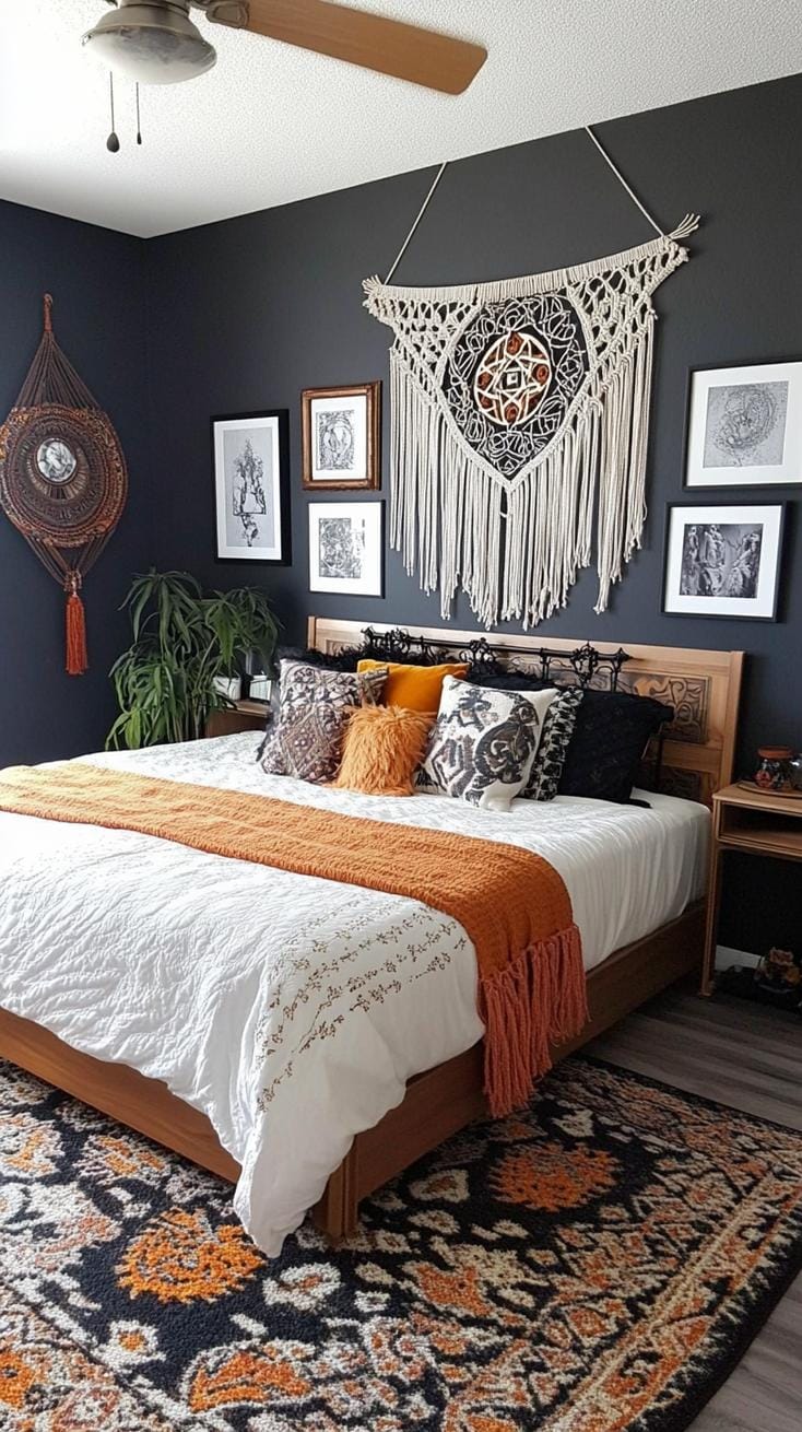 19 Best Gothic Boho bedroom ideas for a dreamy sanctuary 39 39 12. Macramé walls with decorated Gothic image frames with art of alphonse Mucha-2 interspersed