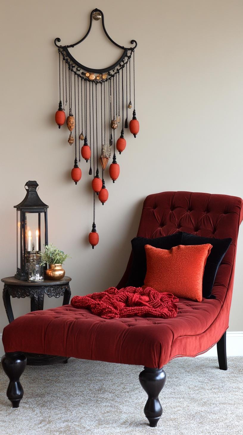 19 Best Gothic Boho bedroom ideas for a dreamy sanctuary 45 45 14. A combination of pearl wall hangings and vintage lanterns that are artfully arranged over a Velvet Chaise Lounge-1
