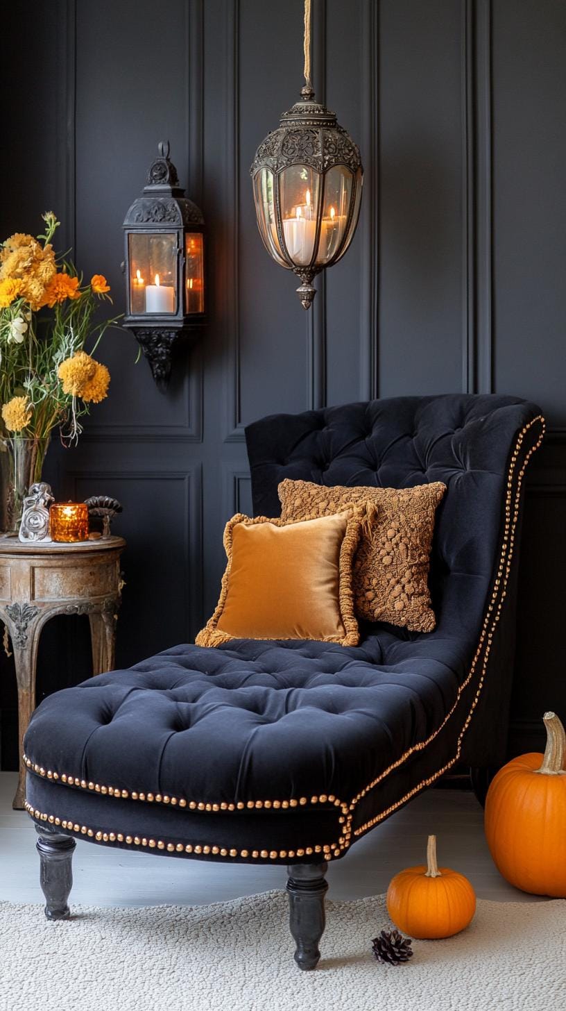 19 Best Gothic Boho bedroom ideas for a dreamy sanctuary 46 14. A combination of pearl wall hangings and vintage lanterns that are artfully arranged above a Velvet Chaise Lounge-2