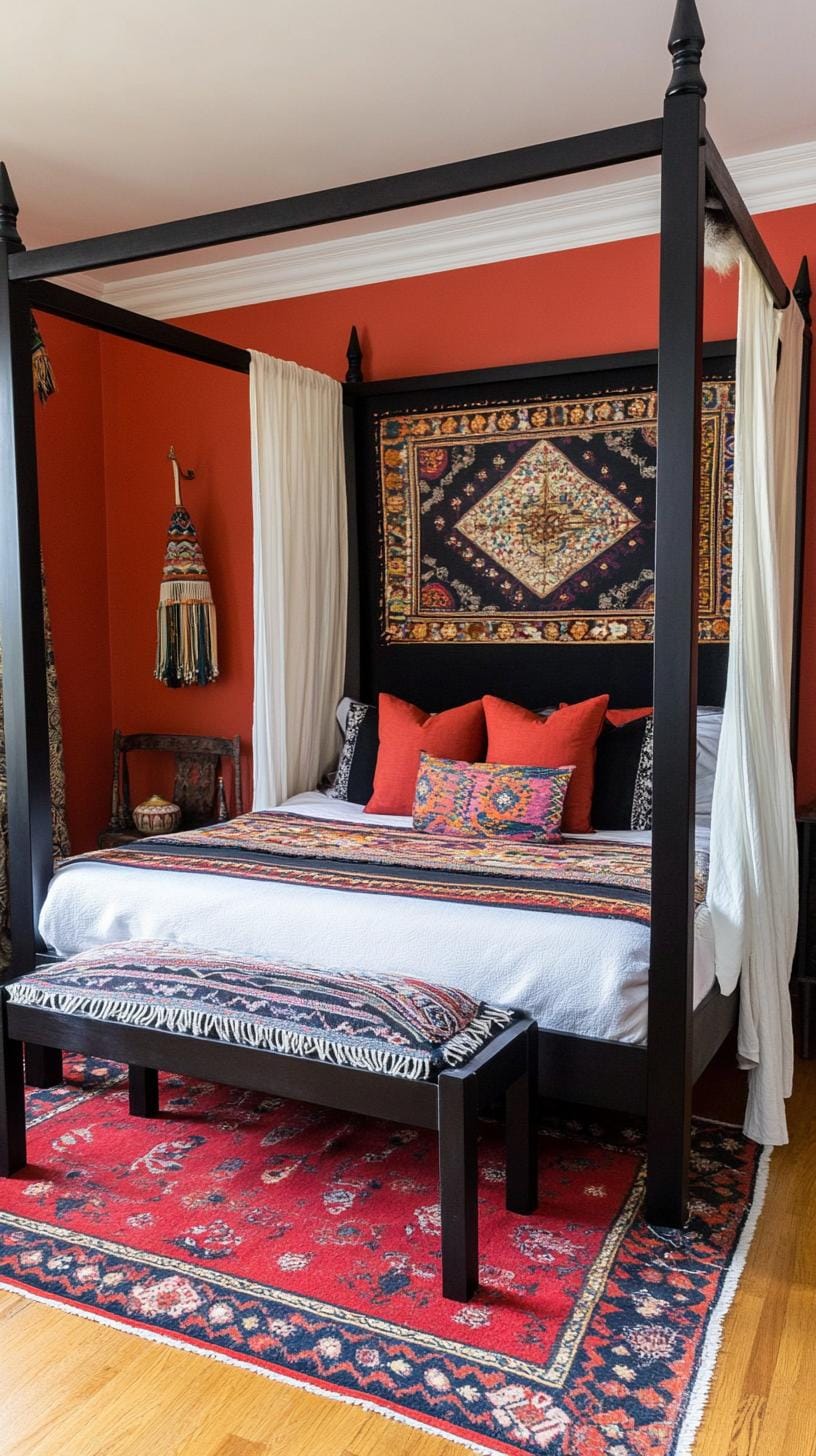 19 Best Gothic Boho bedroom ideas for a dreamy sanctuary 55 55 17. A mixture of dark-colored wall carpets and draped chiffon fabric over a bed with four-hunters, which creates an exotic tent allure-2