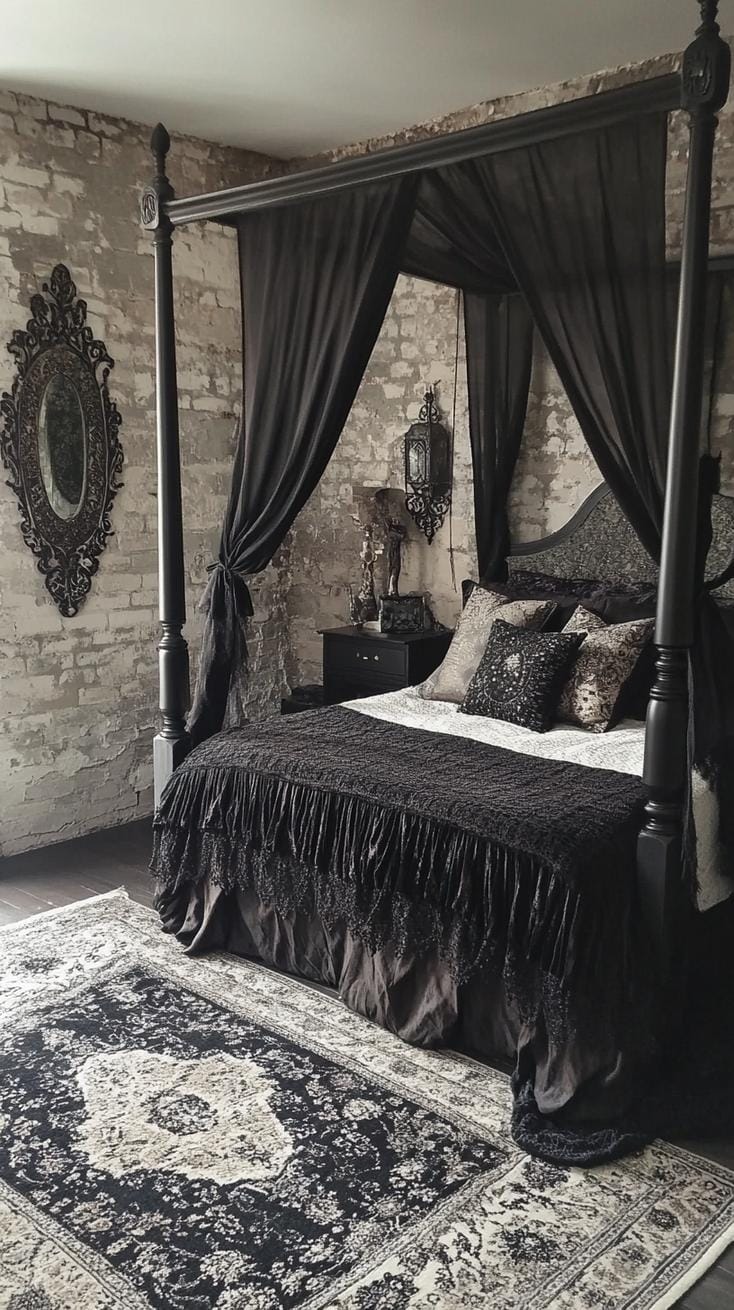 19 Best Gothic Boho bedroom ideas for a dreamy sanctuary 56 56 17. A mixture of dark-colored wall carpets and draped chiffon fabric over a bed with four-hunters, creating an exotic tent allure-3