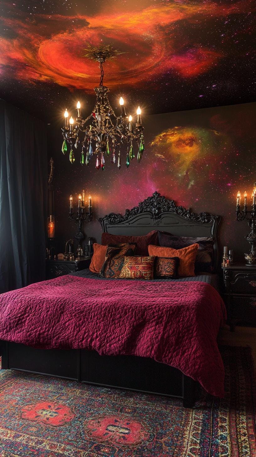 19 Best Gothic Boho bedroom ideas for a dreamy sanctuary 51 51 16. Gothic candelabras with colored glass accents, throwing shadows over a hand-painted sky blanket Mural-1
