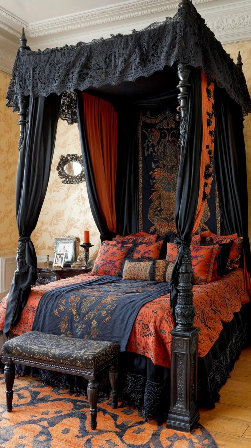 19 Best Gothic Boho bedroom ideas for a dreamy sanctuary 54 54 17. A mixture of dark-colored wall carpets and draped chiffon fabric over a bed with four-hunters that creates an exotic tent allure-1
