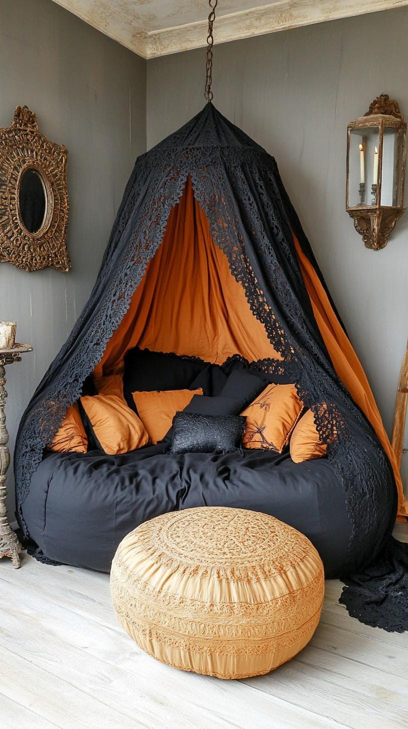 19 Best Gothic Boho bedroom ideas for a dreamy sanctuary 59 59 18. Black top hanging curtains, which surround a sensory corner with incense burners and a POF-2 shown