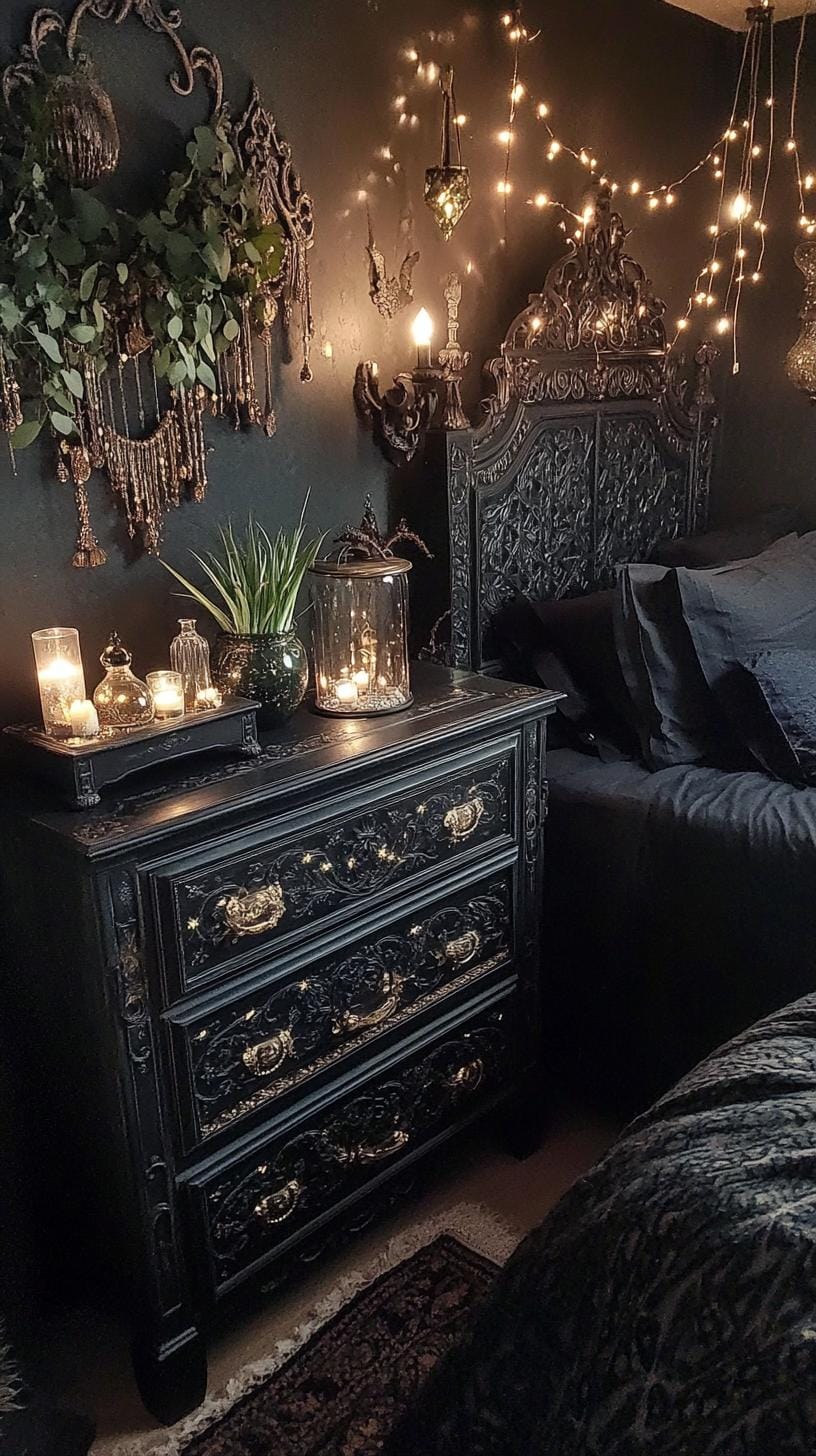 19 Best Gothic Boho bedroom ideas for a dreamy sanctuary 62 62 19. Pushy bedside tables with golden inlays, crowned by terrariums with air systems and vintage glasses-2