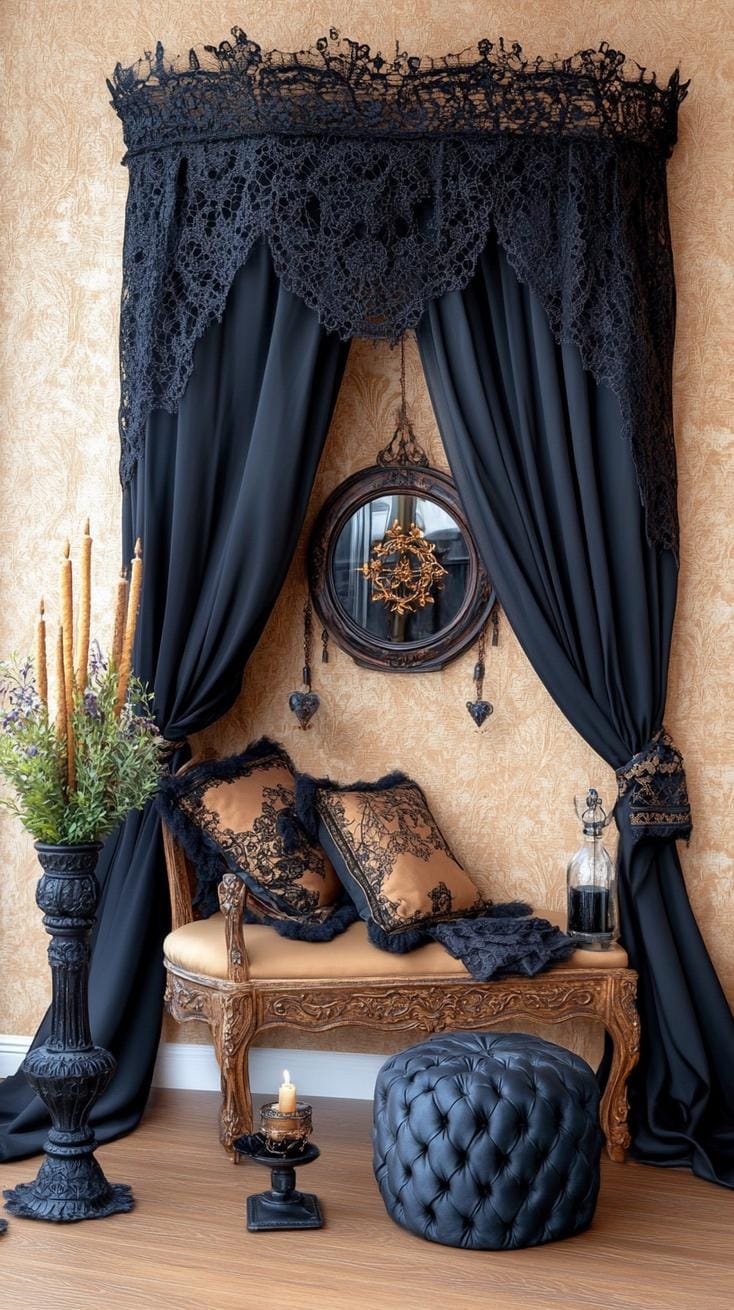 19 Best Gothic Boho bedroom ideas for a dreamy sanctuary 58 58 18. Black top hanging curtains, which surround a sensory corner with incense burners and a POF-1 shown