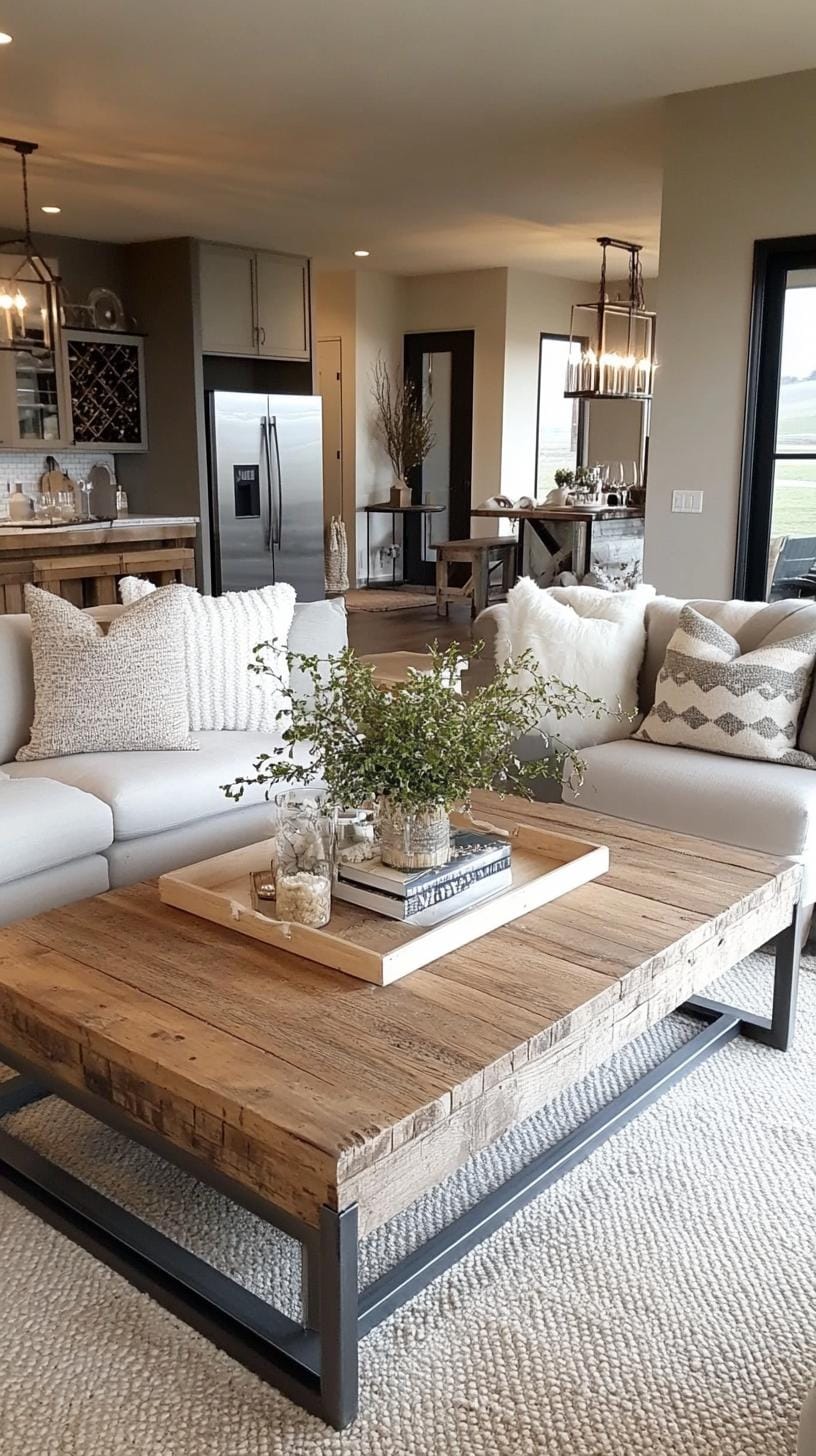 21 Best industrial farmhouse living room ideas to inspire 5 5 1. A cozy industrial farmhouse layout with a recovered wooden coffee table, surrounded by metal-framed armchairs, with neutral gray and white tones on the walls-2
