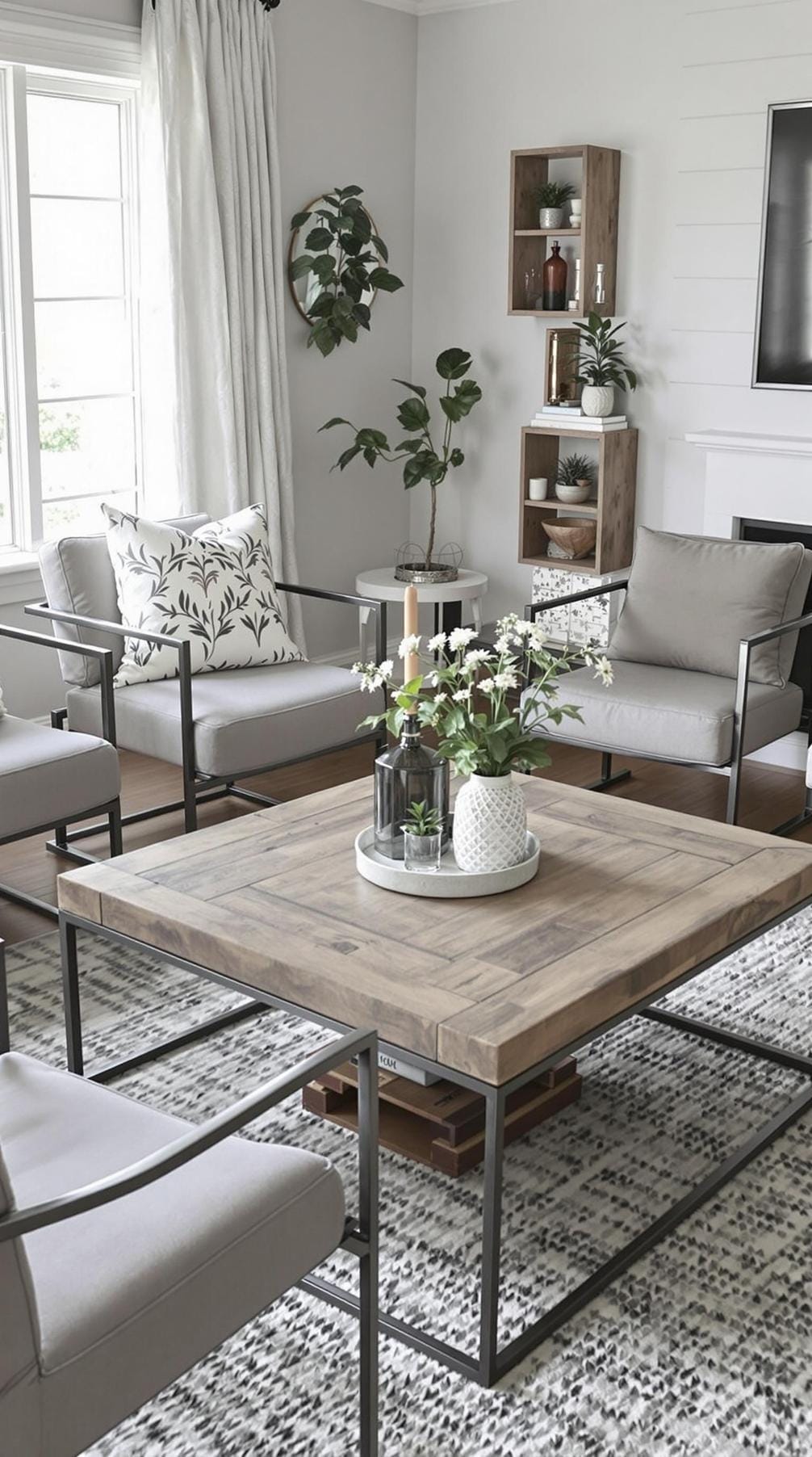 21 Best industrial farmhouse living room ideas for inspire 4 1. A cozy industrial farmhouse living room layout with a recovered wooden coffee table, surrounded by metal frame armchairs, with neutral gray and white tones on the walls-1