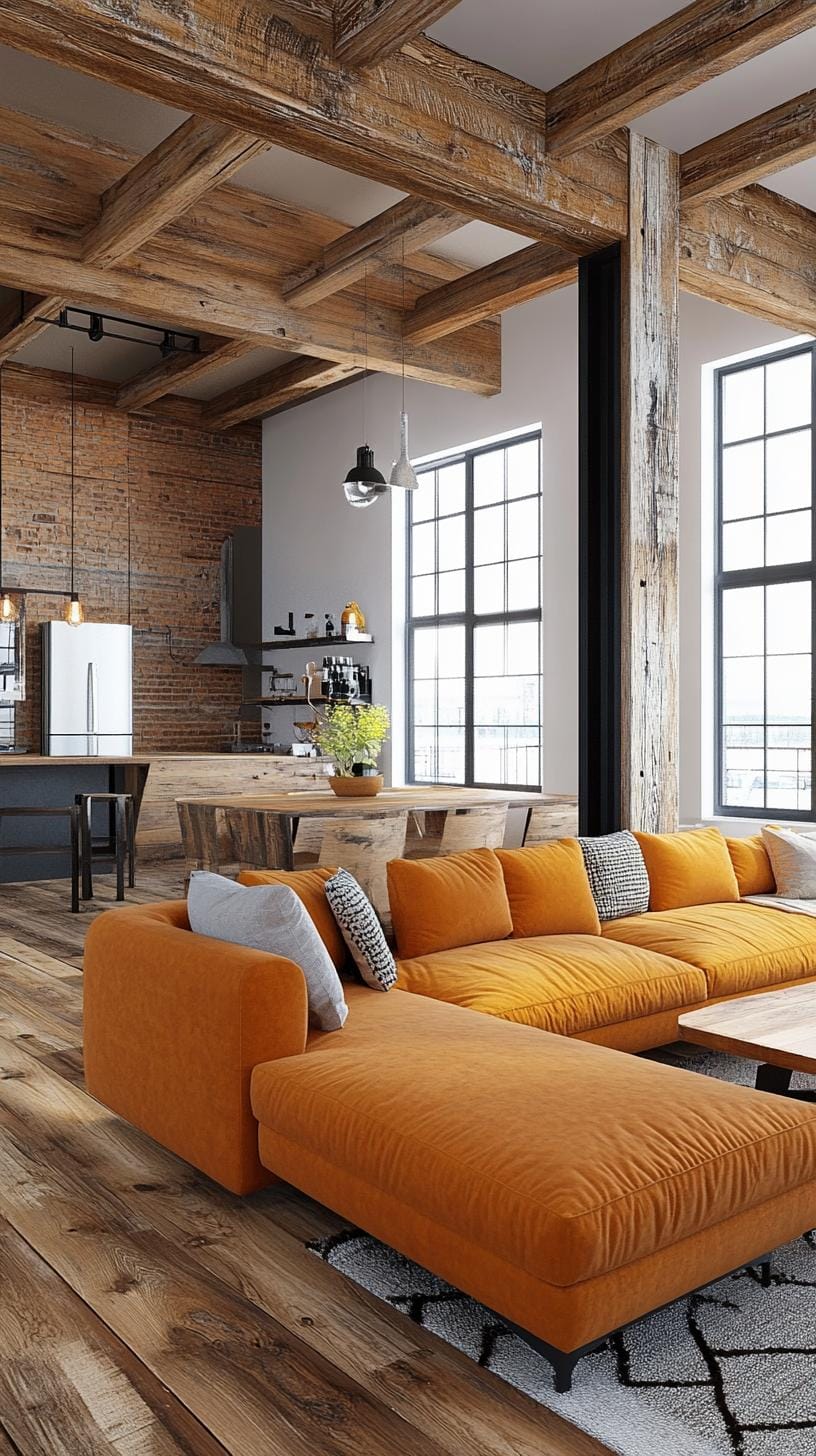21 Best industrial farmhouse living room ideas to inspire 10 3 .. Create a spacious open living area in which industrial steel beams are combined with rustic wooden floors, which are accentuated by minimalist decor-1