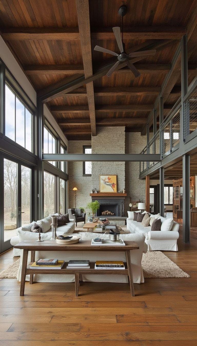 21 Best industrial farmhouse living room ideas for inspire 11 3 .. Create a spacious open living area in which industrial steel frames are combined with rustic wooden floors, which are accentuated by minimalist decor-2