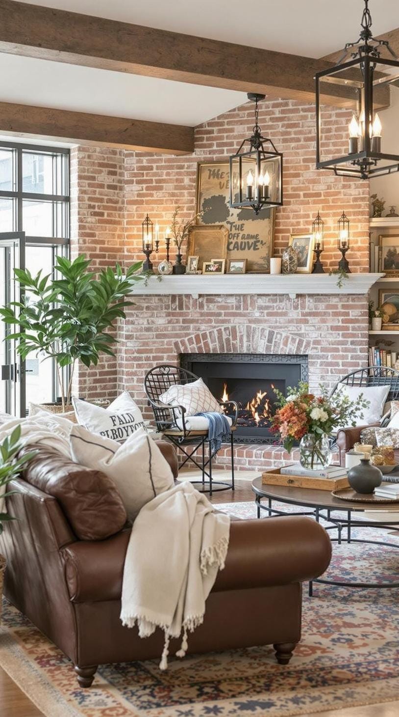 21 Best industrial farmhouse living room ideas for inspire 7 2. Design an inviting living room for farmhouse with exposed brick walls, leather sofas and iron lanterns that offer a warm ambience-1