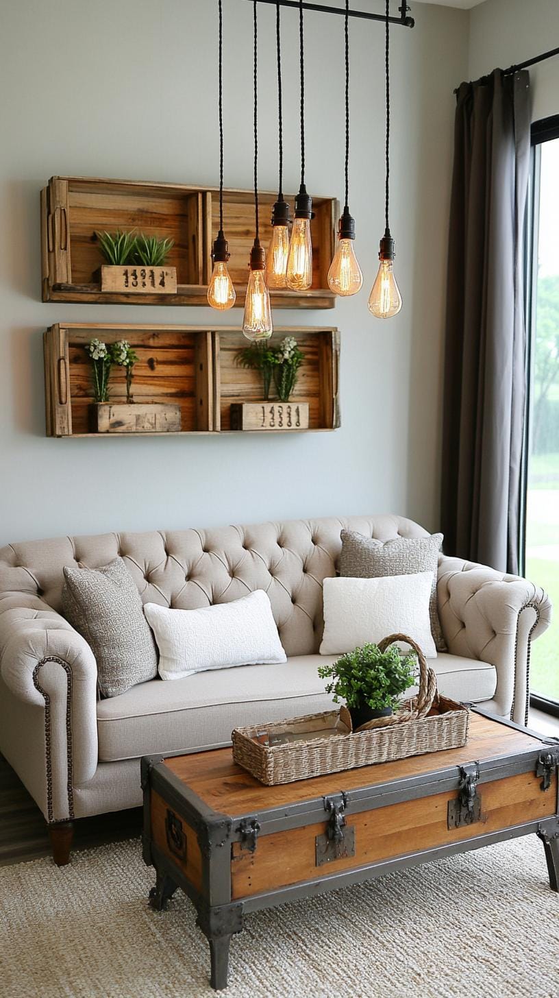 21 Best industrial farmhouse living room ideas to inspire 16 16 5. Integrate a metal memory unit mounted on the wall in the middle of a palette of warm earth tones and vintage Edison Lampenleucht-1