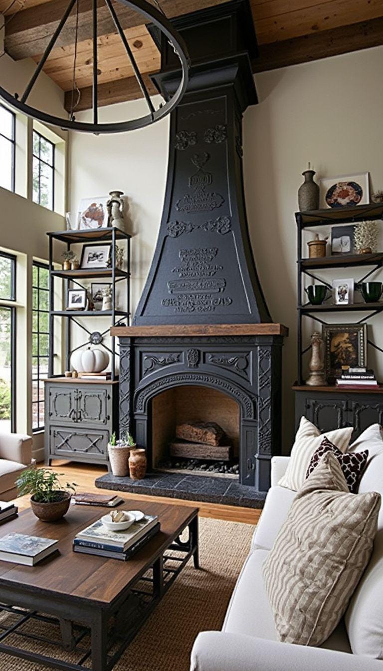 21 Best industrial farmhouse room ideas for inspire 23 7. Take in an explanation for the industrial farmhouse fireplace with a cast iron jacket, surrounded by a mixture of vintage and contemporary furniture-2