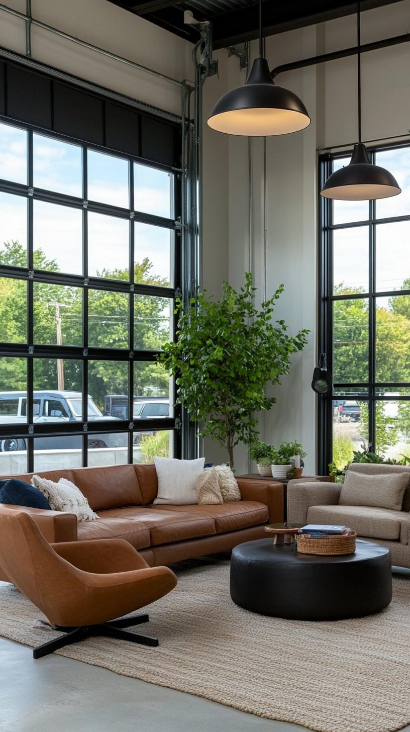 21 Best industrial farmhouse living room ideas to inspire 32 32 10. Lift a versatile industrial farmhouse atmosphere by mixing garage doors as room-high windows with industrial trailers Lighting-2