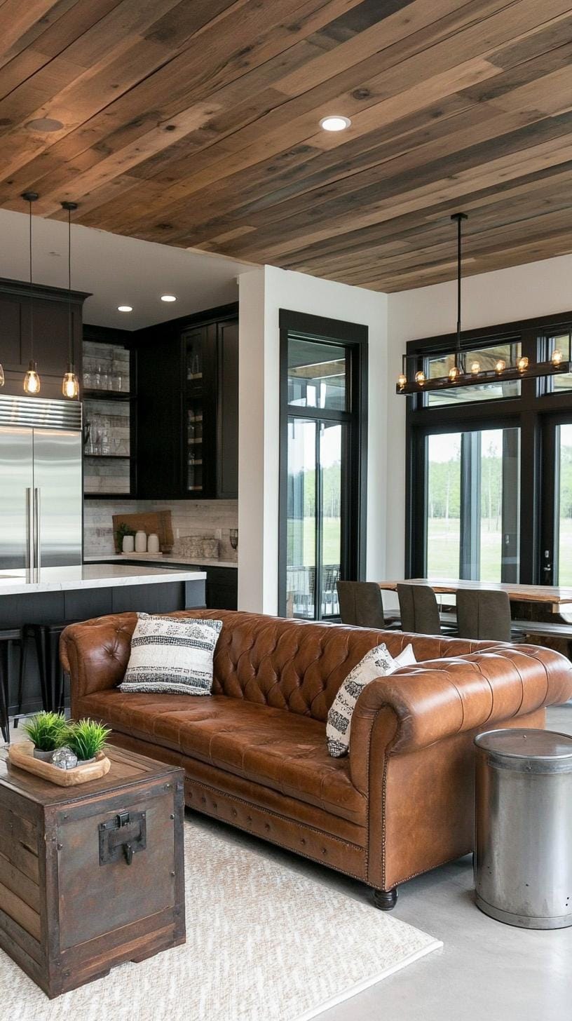 21 Best industrial farmhouse living room ideas for inspire 26 8. Use a needy leather sofa, paired with metal and wooden side tables and a palette covering installation for a coherent look-2